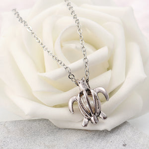 Retro Pearl Necklace Fashion Silver Color Hollow Openable Turtle Can Open Pendant Women Jewelry