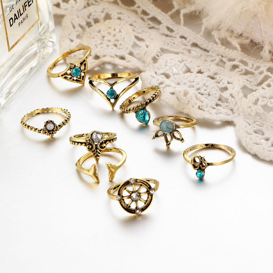 9 Pcs Bohemian Statement Ring Set Helm Leaf Knuckle Rings