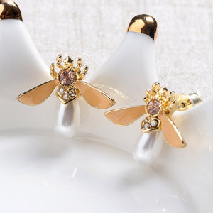 Cute Bees Ear Stud Luxury Gold Plated Gemstone Pearl Earring