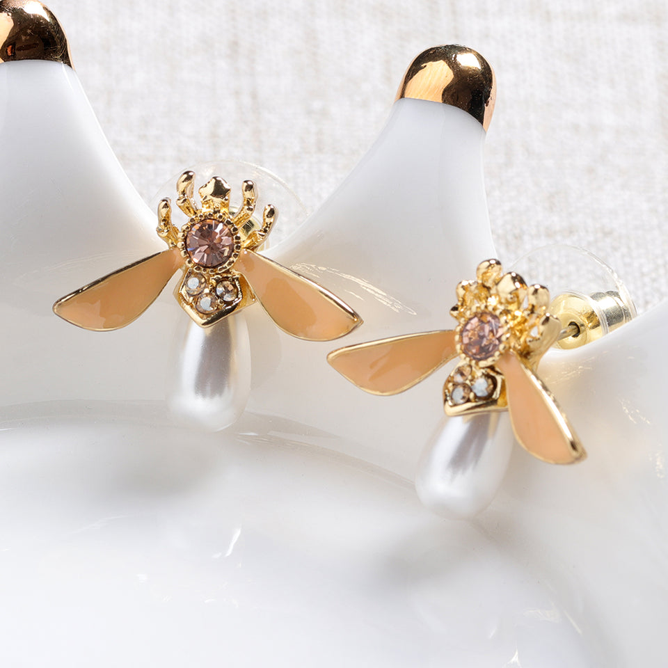 Cute Bees Ear Stud Luxury Gold Plated Gemstone Pearl Earring