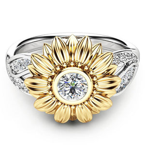 Elegant Zircon Inlaid Gold Sunflower Hollow Platinum Ring