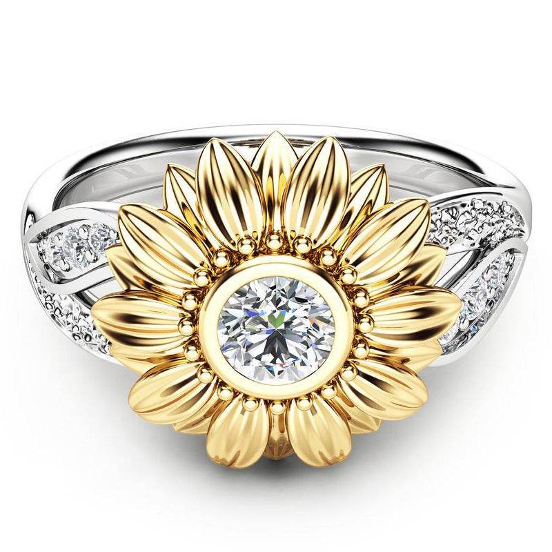 Elegant Zircon Inlaid Gold Sunflower Hollow Platinum Ring