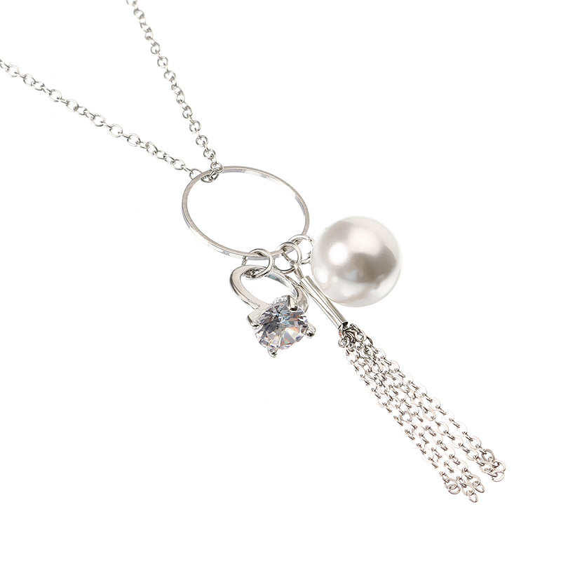 Elegant Women Necklace Silver Plated Artificial Pearl Tassel Pendant Long Necklace Gift for Girl