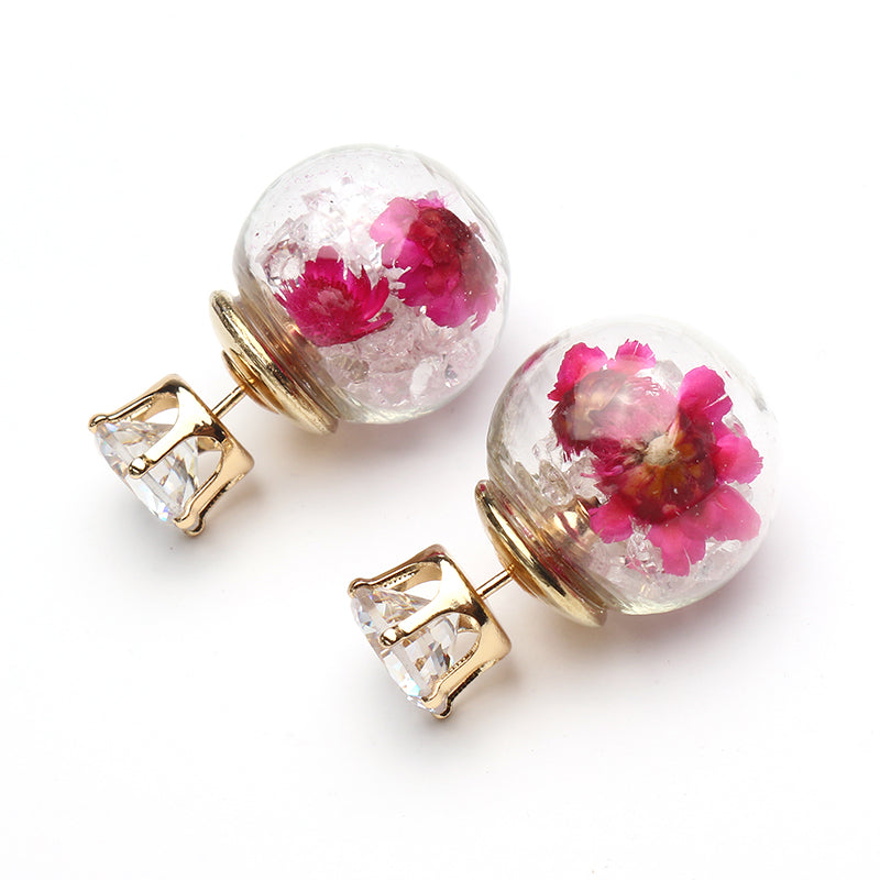 Trendy Colorful Crystal Glass Ball Flower Round Earrings