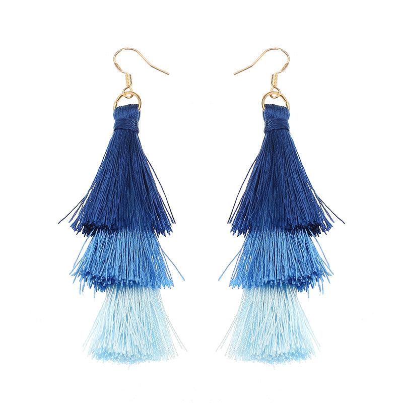 Women's  Bohemian Tassel Earrings Hand-made Three Layers Different Color Ear Drop Unique Gift