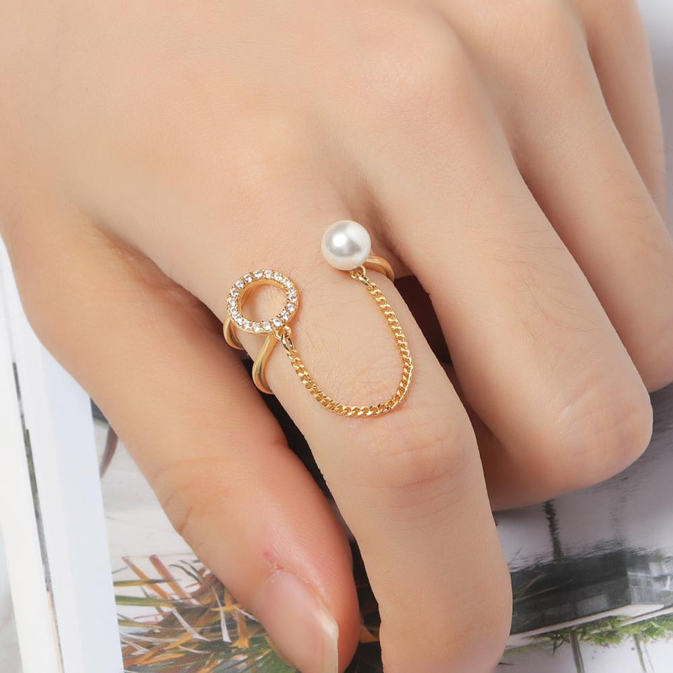 Trendy Open End Ring 18K Gold Plated Zirconia Round Pearl