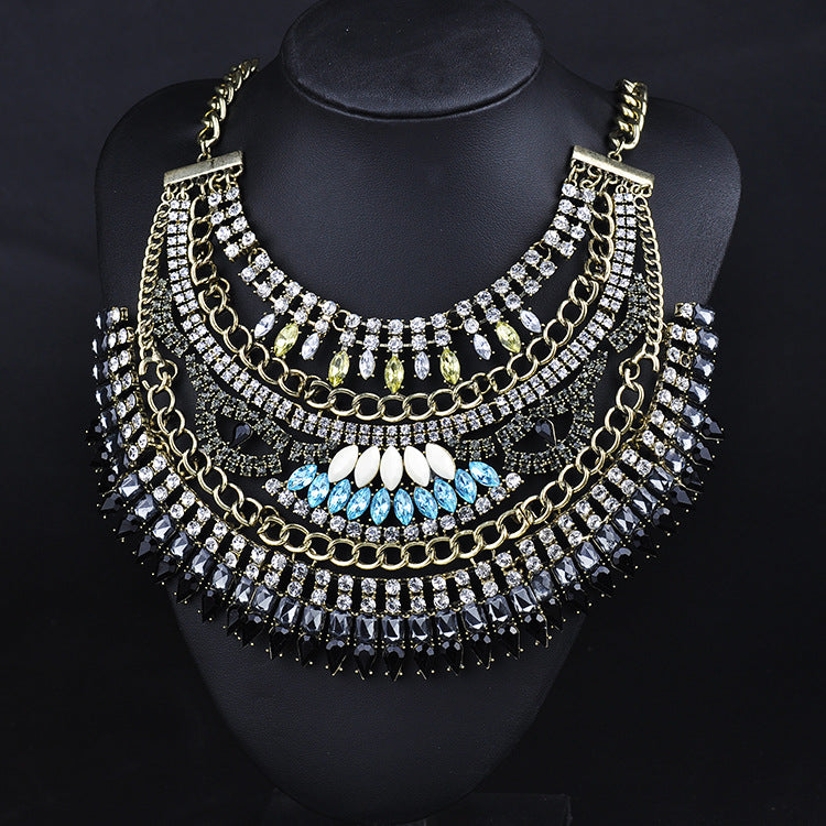 European Multilayer Crystal Rhinestone Statement Choker Necklace