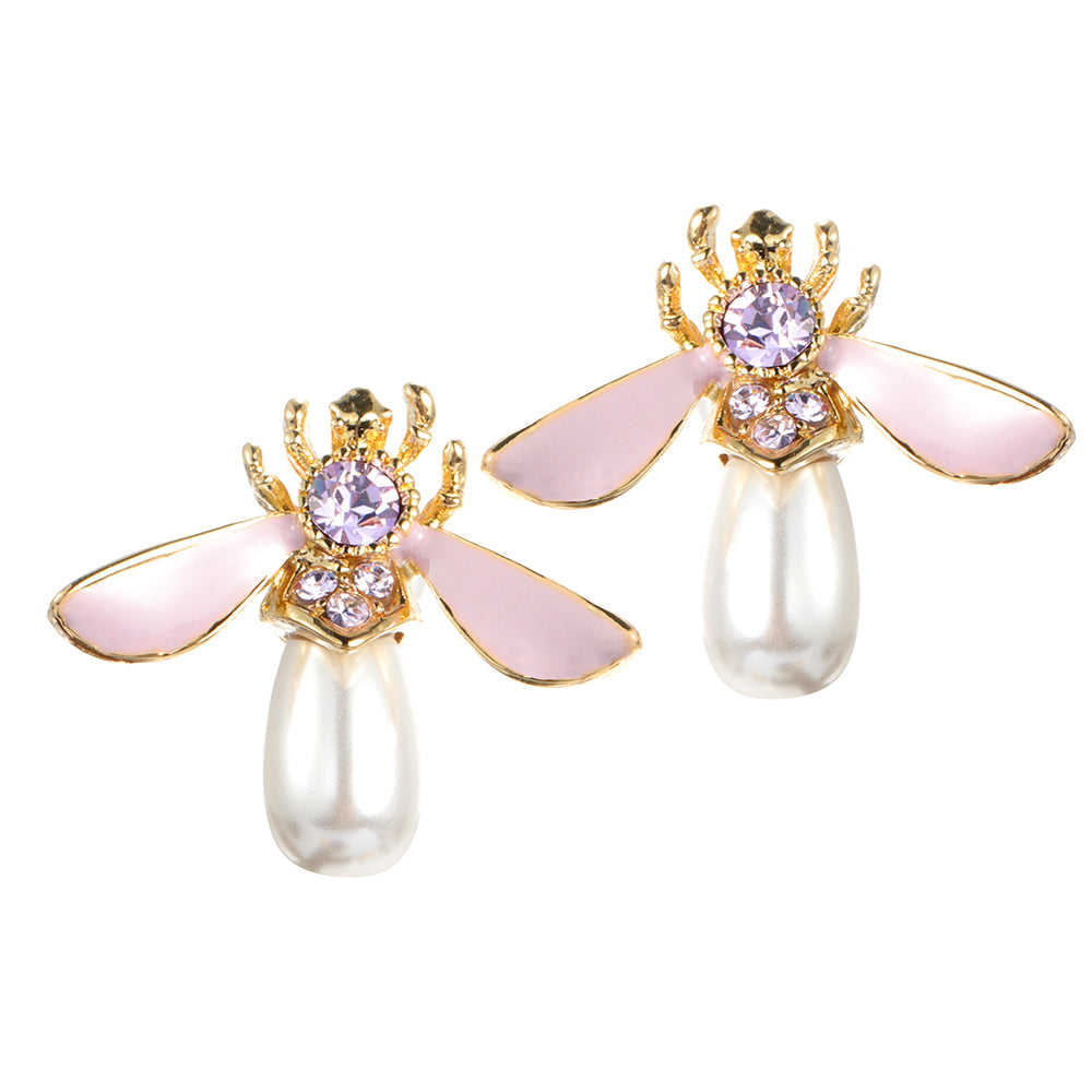 Cute Bees Ear Stud Luxury Gold Plated Gemstone Pearl Earring