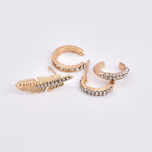 4Pcs Rhinestones Earring Set Gold Ear Clip Leaf Ear Stud