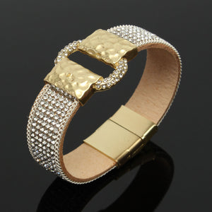 Sparkling Full Rhinestone Wide Belt Buckle Magnetic Leather Bracelets