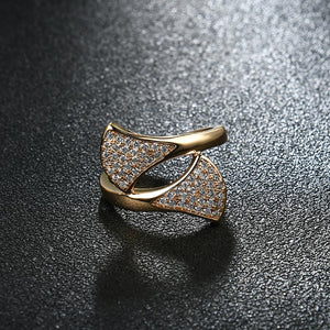 Elegant Sterling 24K Gold Plated Shiny Zircon Fan Shape Interlaced Ring Fashion Women Jewelry