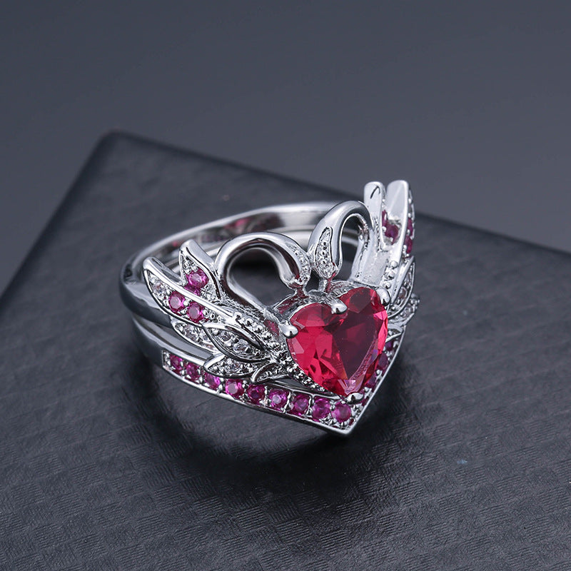 2 Pcs/set Sweet Swan Heart Zirconia Engagement Wedding Rings