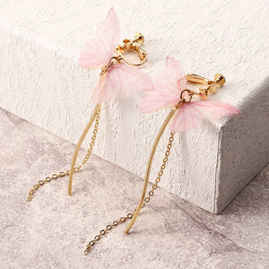 Sweet Pink Butterfly Arc Line Tassel Pendant Ear Clip Drop Earrings Fashion Jewelry for Women 