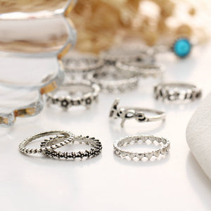 Vintage Crystal Knuckle Ring Set Geometric Silver Rings