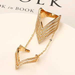 24K Gold Plated Punk Arrow Shape Chain Linked Two Rings Statement Sparkling Zircon Jewelry for Women