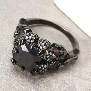 Black Zircon Stainless Steel Ring Gothic Claw Double Skull Rhinestone Finger Ring for Women