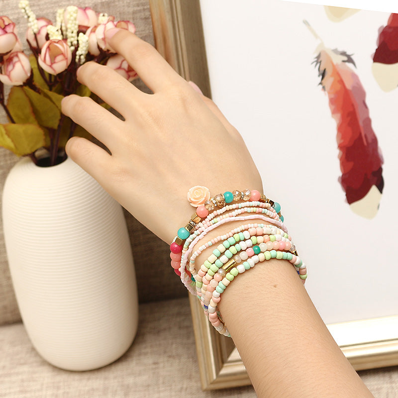 Bohemian Multilayer Sweet Rose Flower Pendant Bead Bracelet Women Clothing Accessories