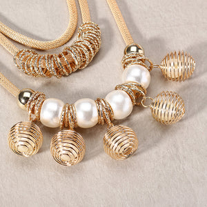 Bohemian Multilayer Gold Artificial Pearl Hollow Ball Unique Style Necklace Party Gift for Women 