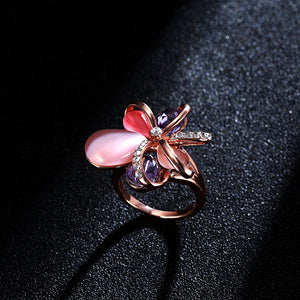 Stylish Pink Flower Opal Crystal Zircon Finger Ring Fine Jewelry for Women Clothing Accessories