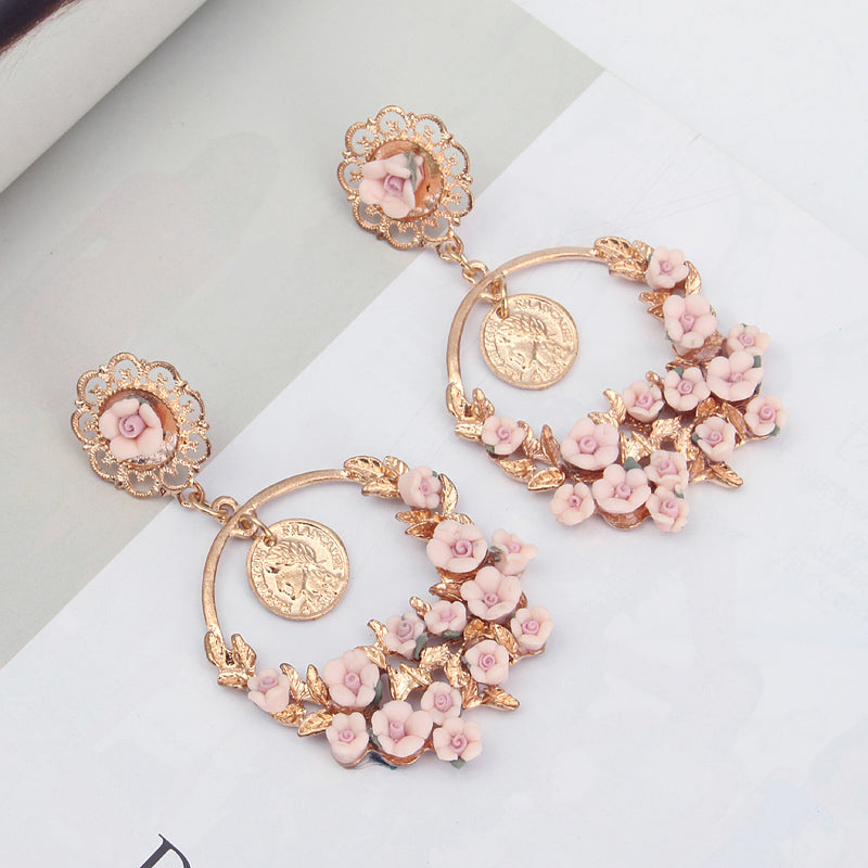 Vintage Flower Exaggerated Ear Drop Women Earrings 