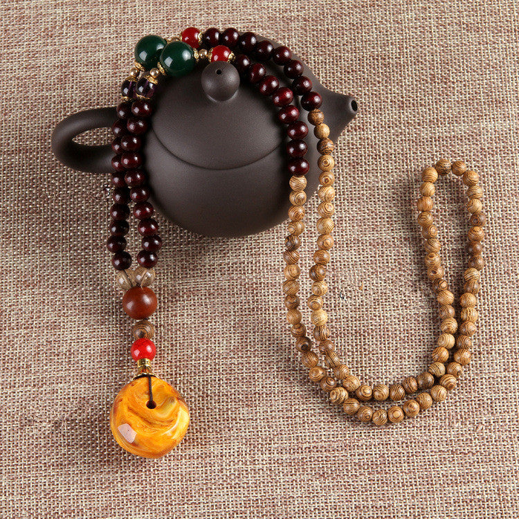 Unisex Ethnic Vintage Gourd Beeswax Turquoise Bead Necklace