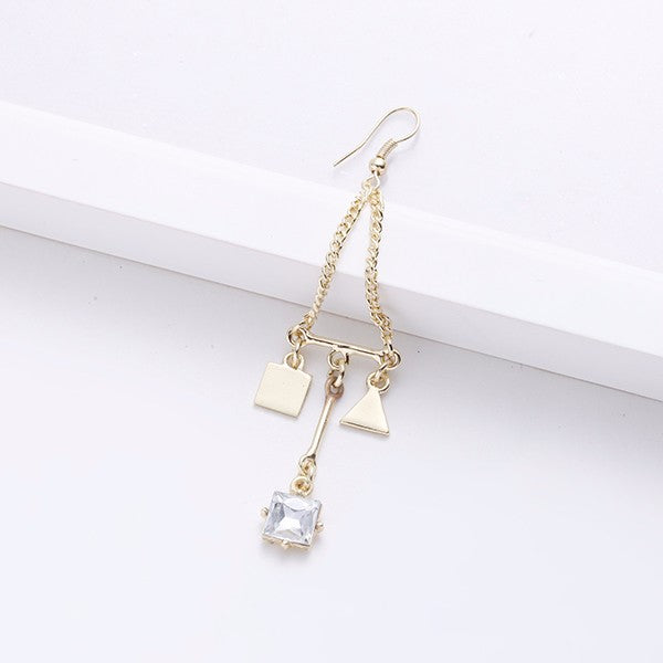 Trendy Balancing Style Gold Square Triangle Dangle Tassel Rhinestone Earrings Gift for Women 