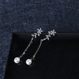 Temperament Flowers Pearl Earrings Long Zircon 925 Silver