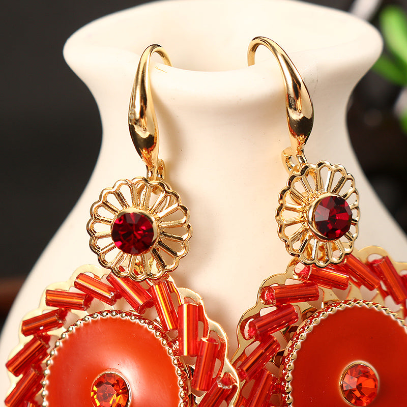 Bohemian Retro 14K Gold Plated Earrings Ethnic Sun Shape Bowknot Red Zircon Ear Drop for Women