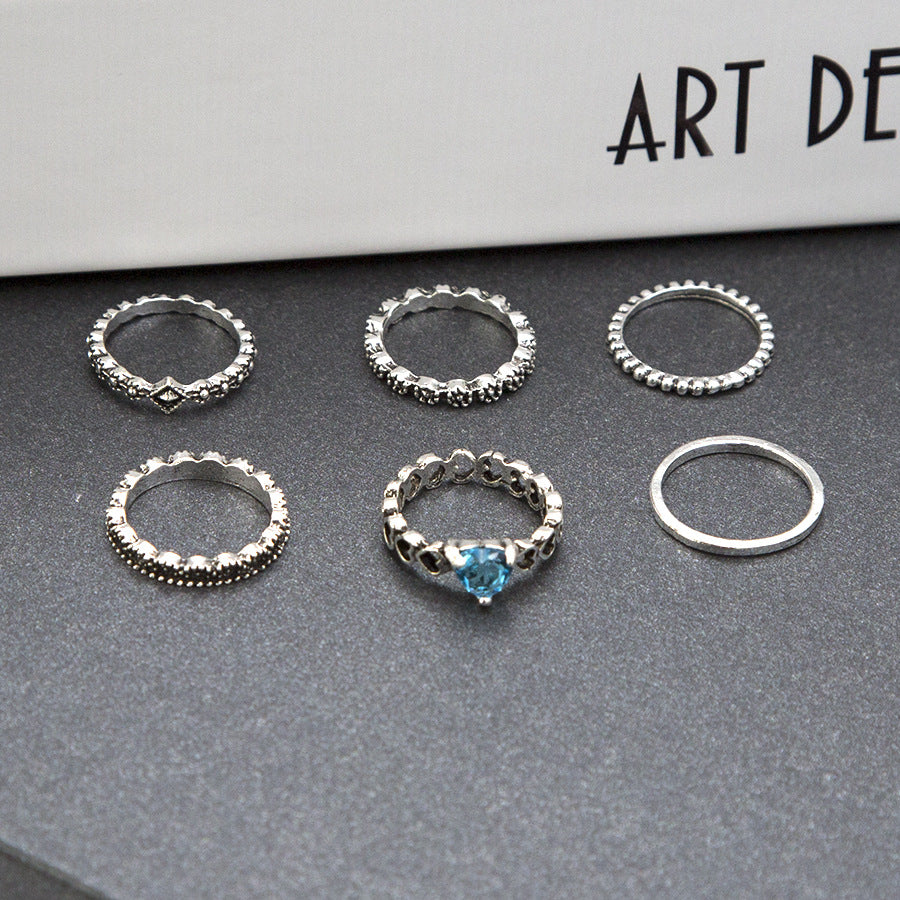 6 Pcs/Set Ethnic Antique Silver Rhinestone Heart Shape Rings