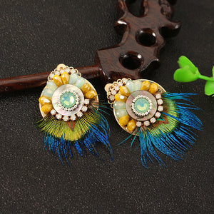 Bohemian Ethnic Earrings 14K Gold Plated Feather Opal Statement Retro Round Ear Clip for Women Gift