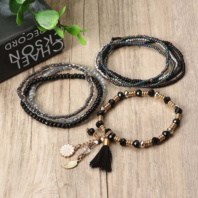 Bohemian Tassel Flower Leaf Pendant Multilayer Beads Bracelets for Women 