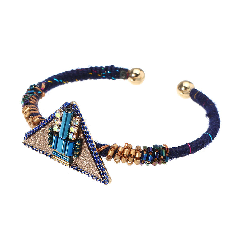 Bohemian Women Bracelet Punk Blue Bead Inlay Leather Triangle Charm Gold Plated Woven Boho Bangle 