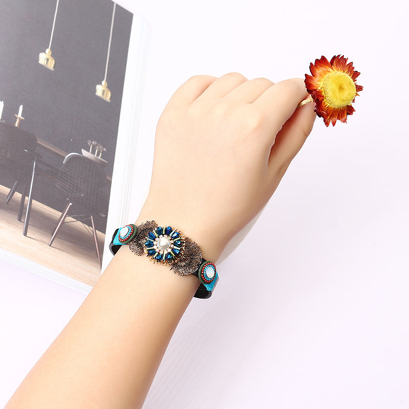 Bohemian Bracelet Gold Plated Flower Charm Leather Bangle Boho Jewelry for Women Girl Gift