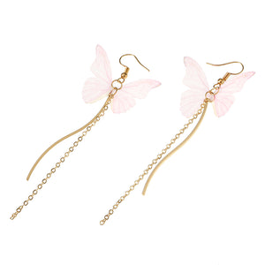 Sweet Pink Butterfly Arc Line Tassel Pendant Ear Clip Drop Earrings Fashion Jewelry for Women