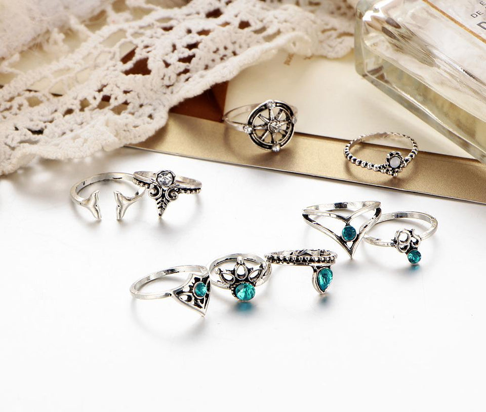 9 Pcs Bohemian Statement Ring Set Helm Leaf Knuckle Rings