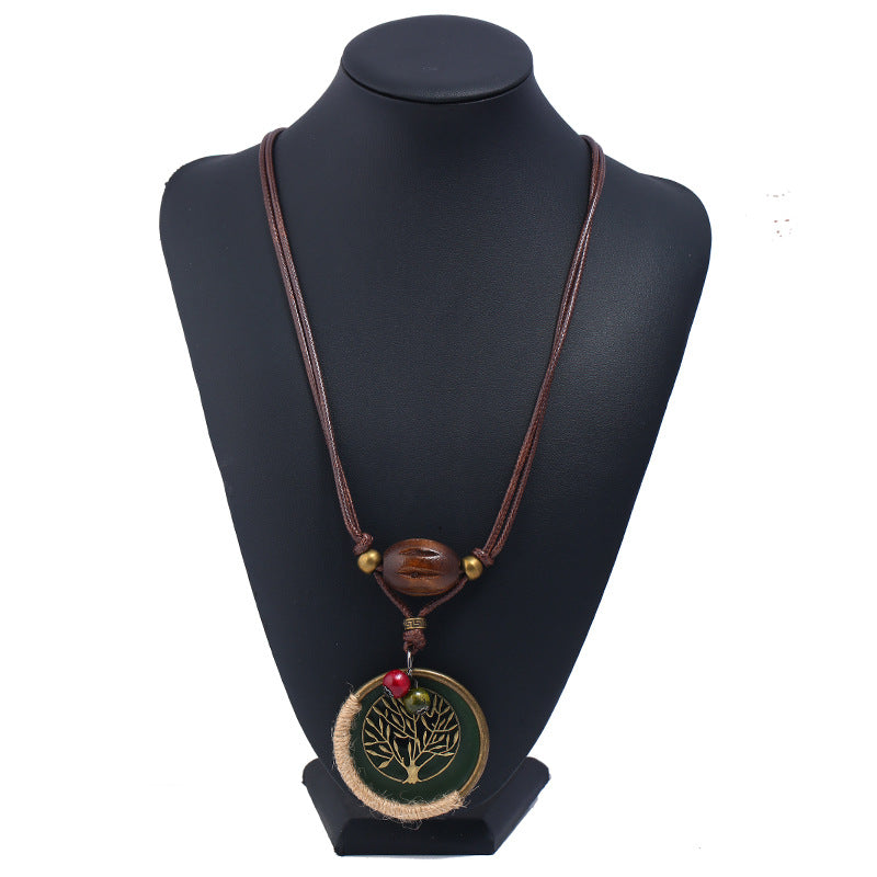 Women's Vintage Tree Wood Bead Long Leather Pendant Necklace