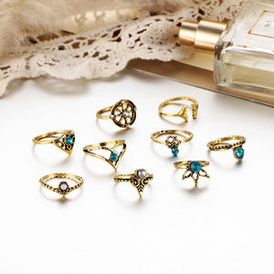 9 Pcs Bohemian Statement Ring Set Helm Leaf Knuckle Rings