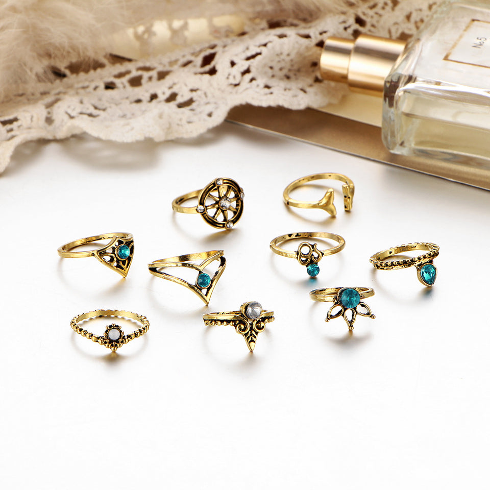 9 Pcs Bohemian Statement Ring Set Helm Leaf Knuckle Rings