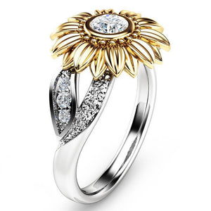 Elegant Zircon Inlaid Gold Sunflower Hollow Platinum Ring